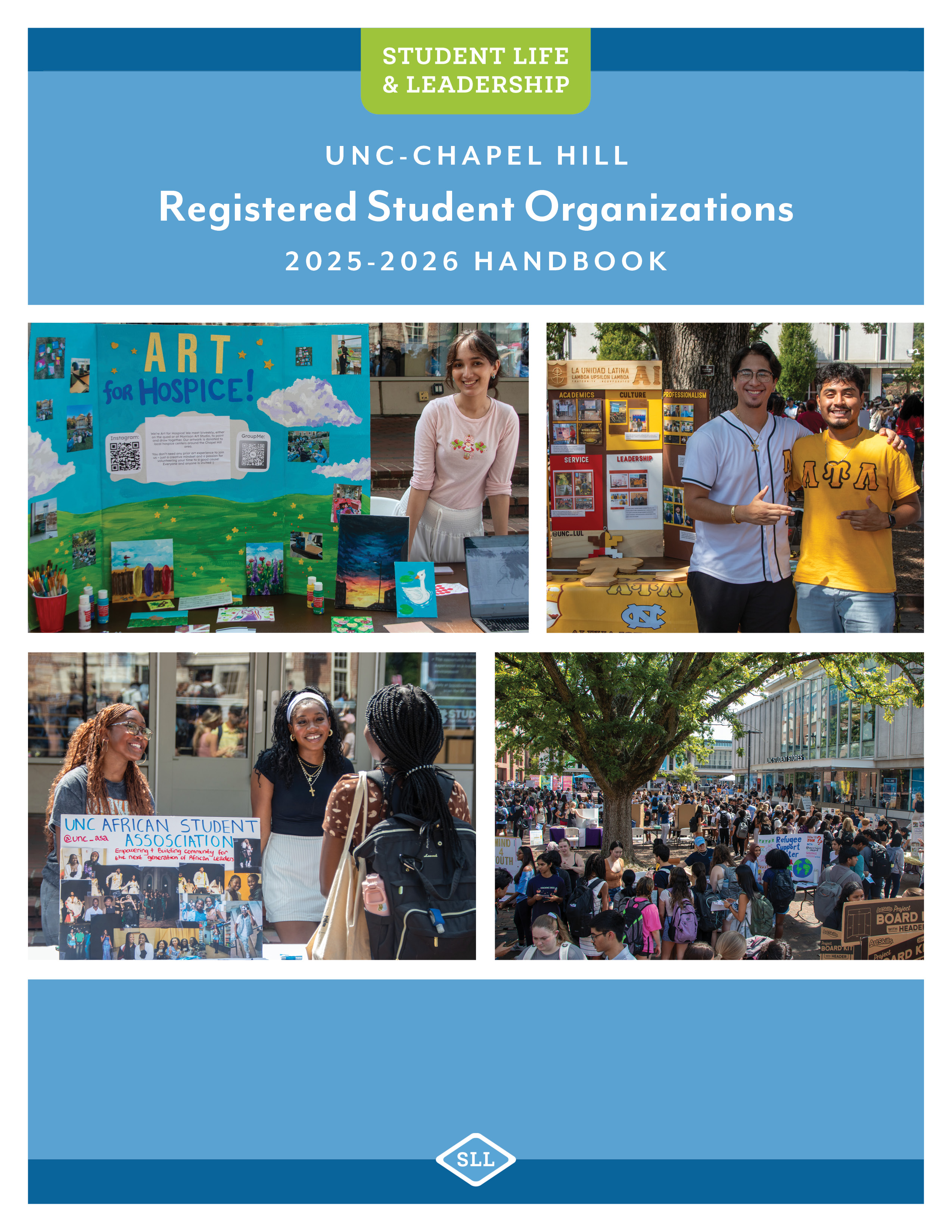 2025-2026 Registered Student Organizations Handbook. The cover features images of students tabling at SmallFest for their respective student orgs.