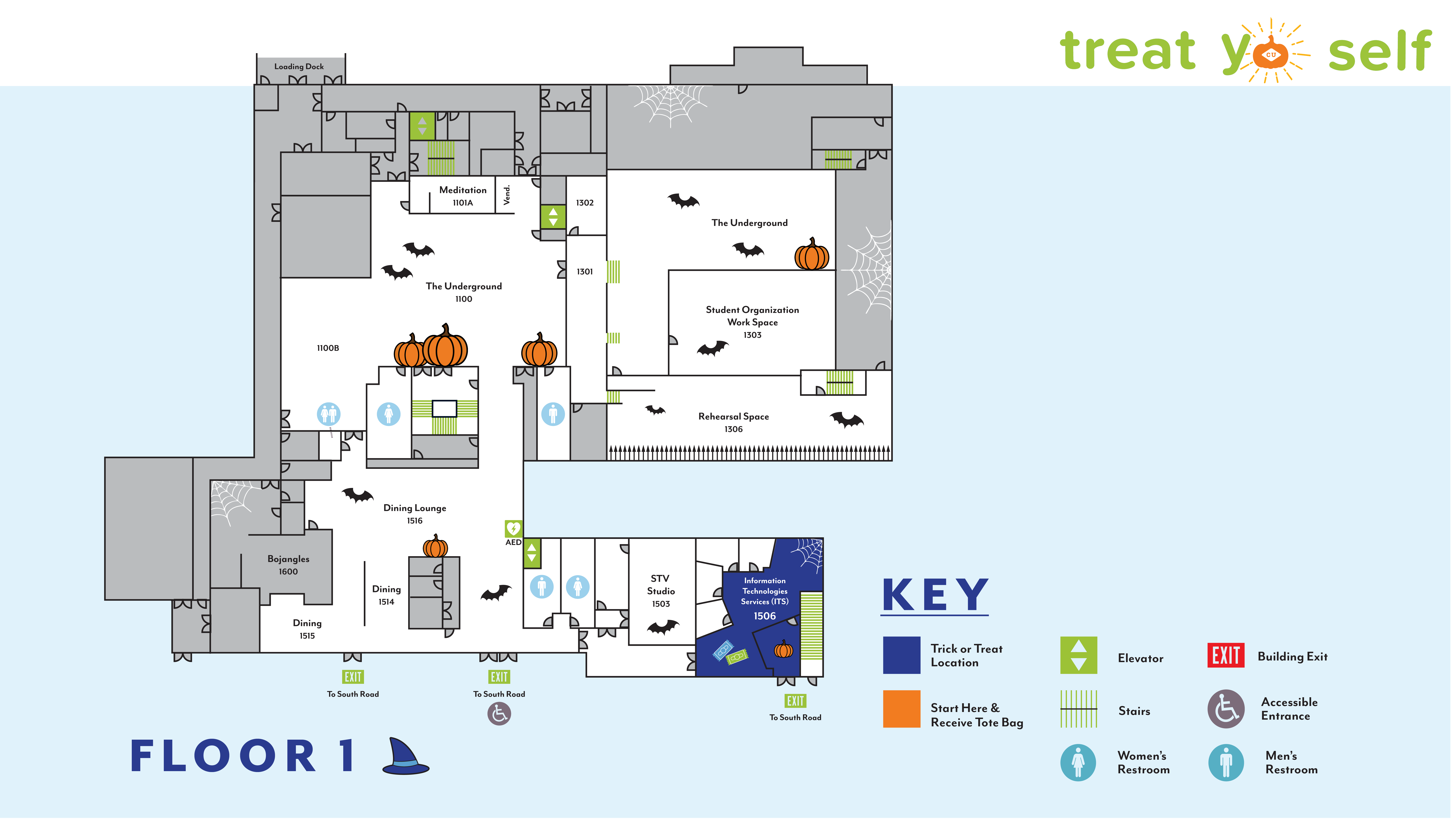 Map of the first floor of the Carolina Union showing locations for Trick or Treat Yo Self. On the first floor, Information Technologies Services (ITS) is participating in suite 1506. 
