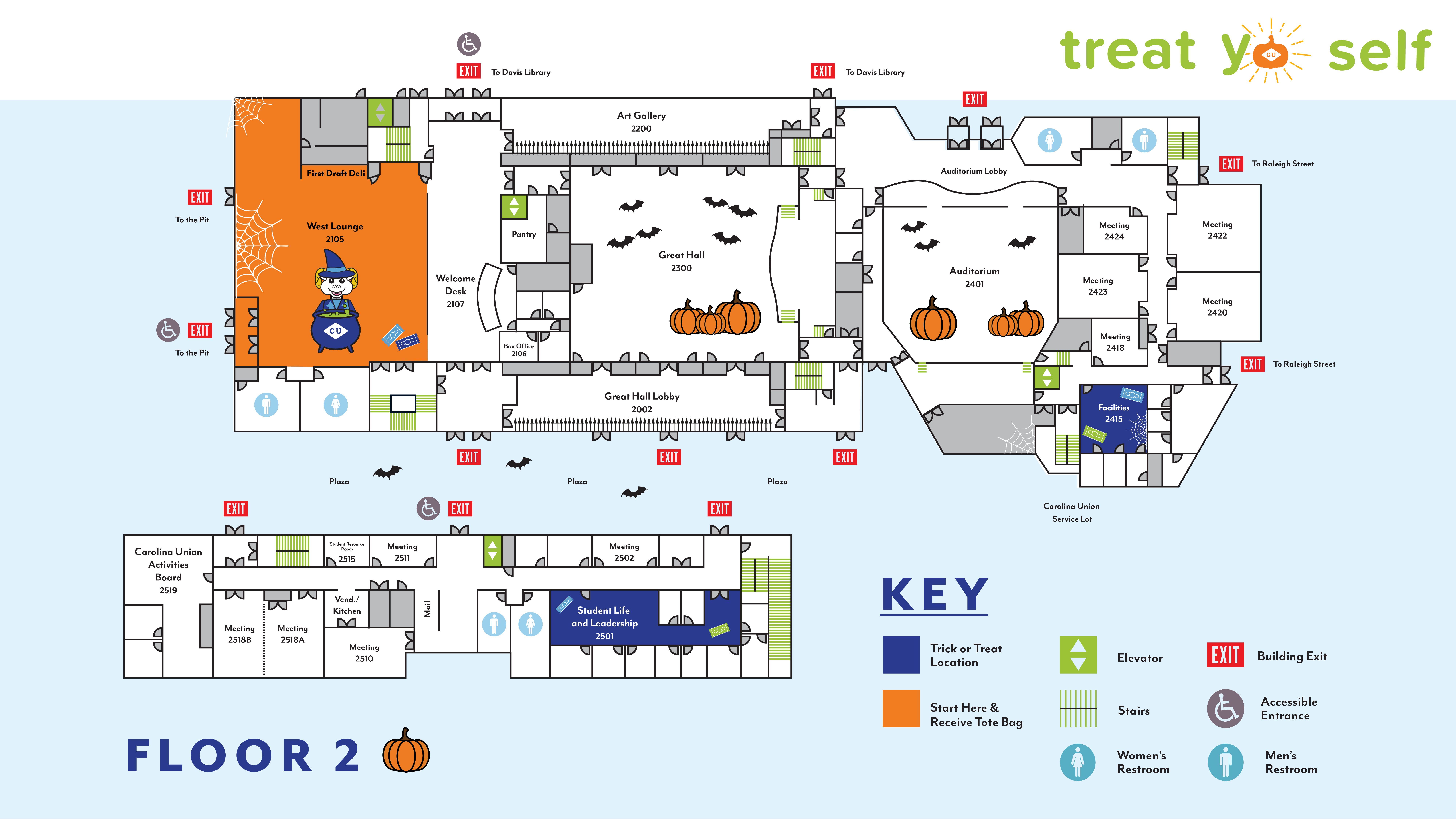 Map of the second floor of the Carolina Union showing locations for Trick or Treat Yo Self. Bags are given out in the West Lounge, room 2105 near the Pit entrance. On the second floor, Student Life and Leadership (SLL) is participating in suite 2501, and Facilities in participating in 2415.  