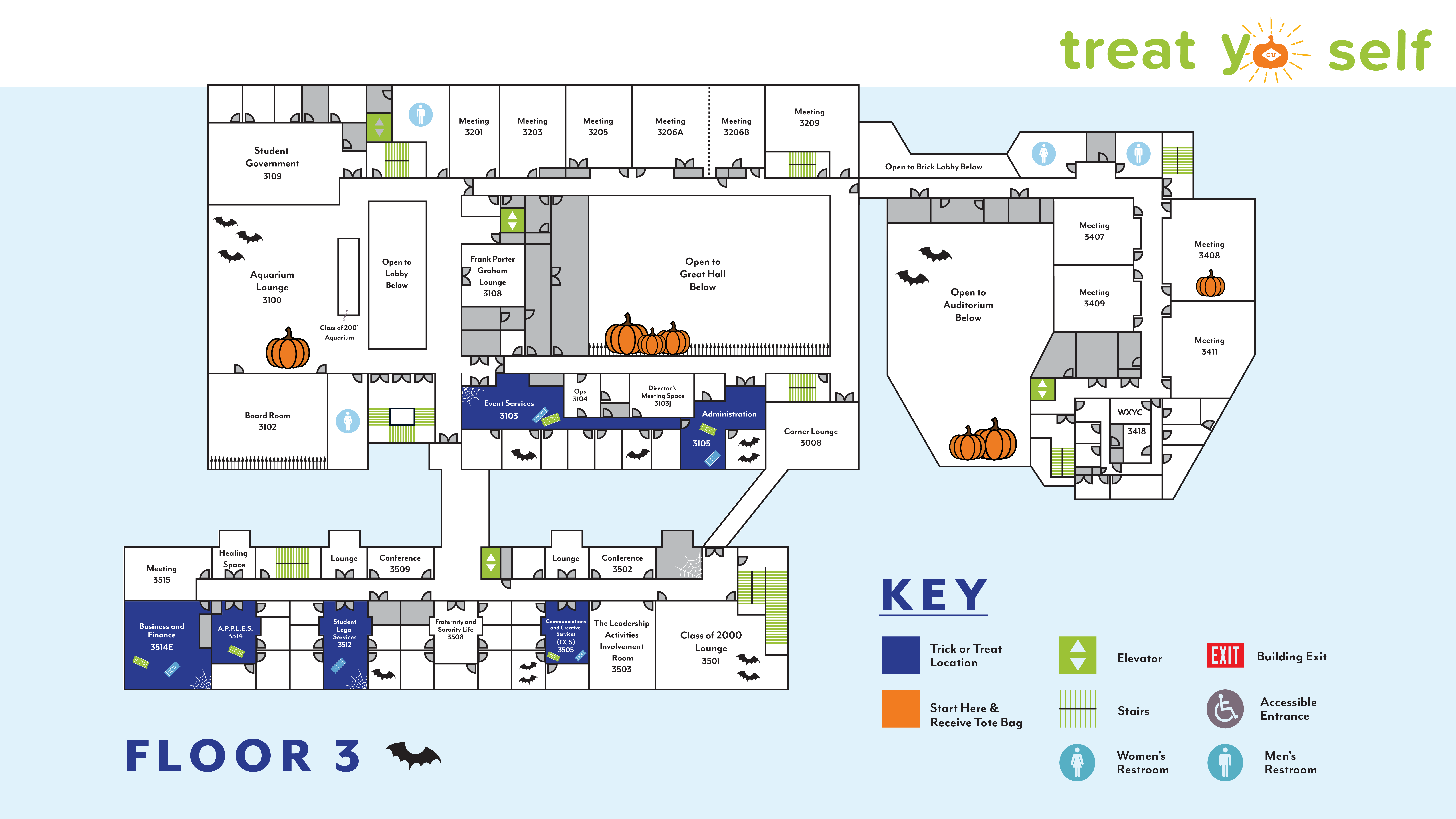 Map of the third floor of the Carolina Union showing locations for Trick or Treat Yo Self. On the third floor, Event Services is participating in suite 3103, Administration in 3105, Business and Finance in 3514 E, APPLES in 3514, Student Legal Services in 3512, and CCS is participating in suite 3505. 