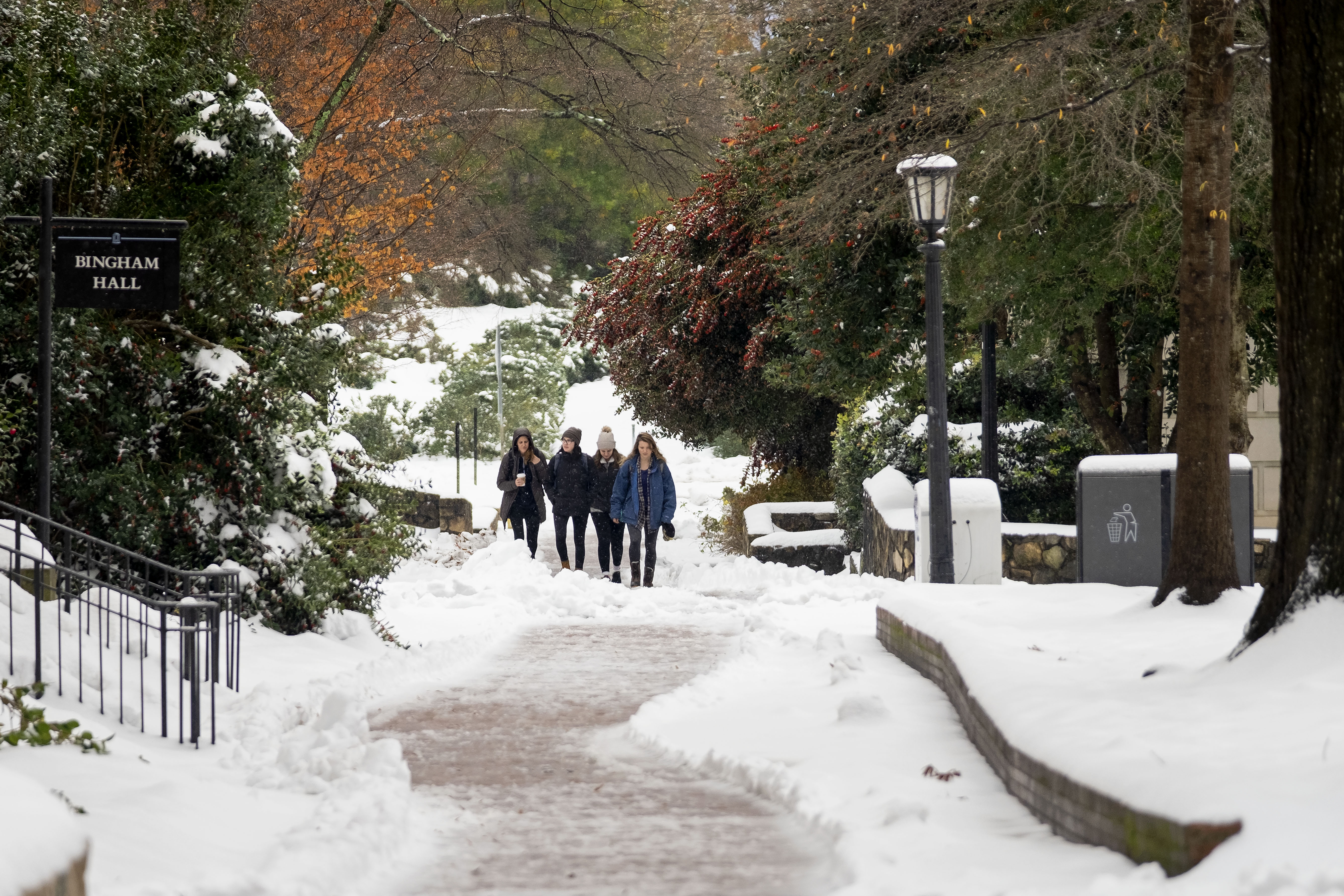 Winter snow blankets the campus of the University of North Carolina at Chapel Hill. December 10, 2018.