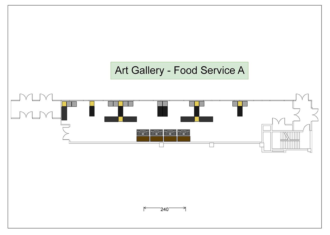Digital graphic showing the table setup for the Art Gallery - Food Service A layout.