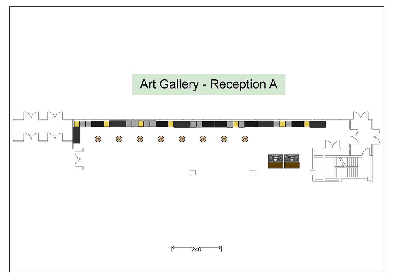Digital graphic showing the table setup for the Art Gallery - Reception A layout.