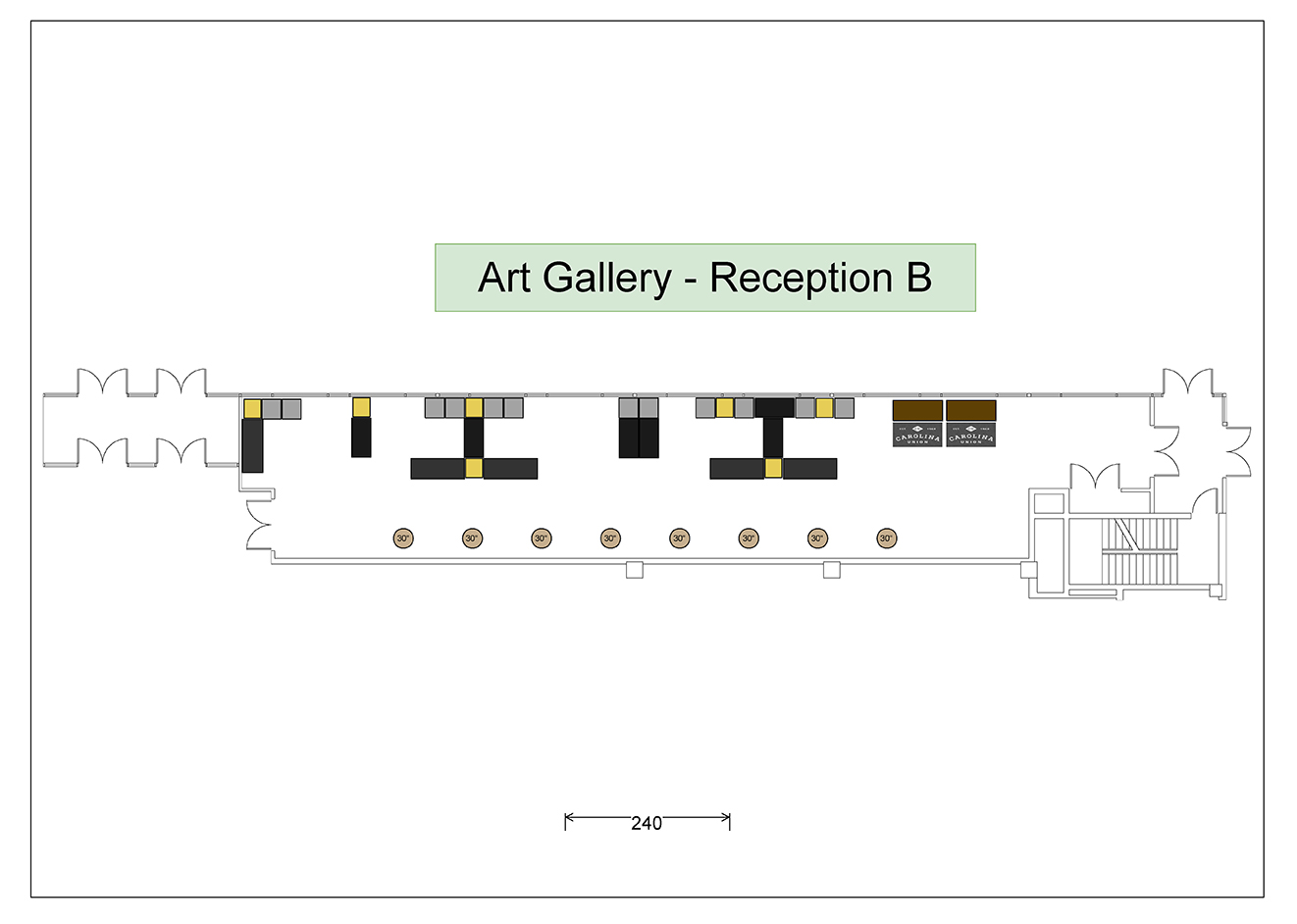 Digital graphic showing the table setup for the Art Gallery - Reception B layout.