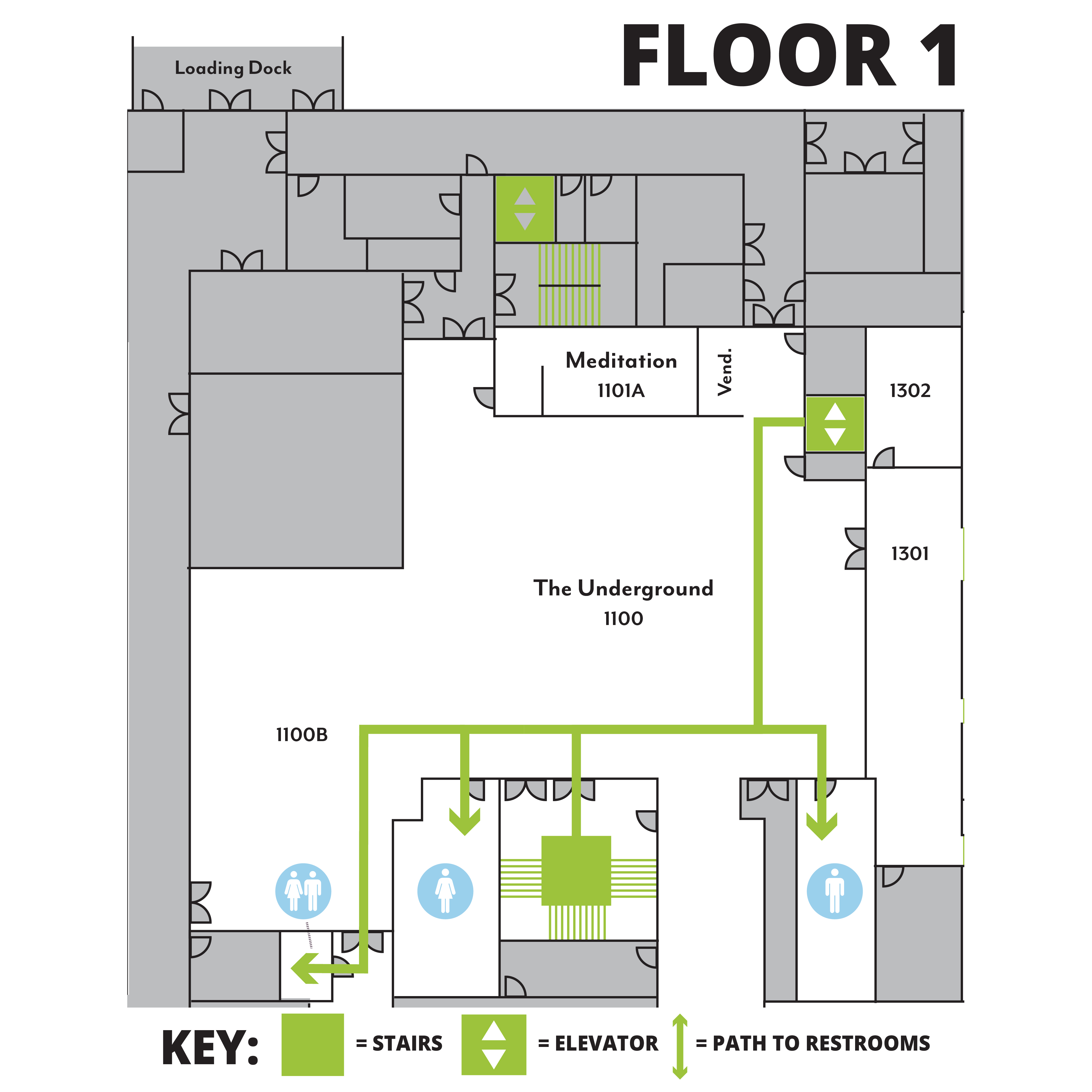 Map of the first floor of the Carolina Union, showing the path to the women's bathroom (left of the stairs and elevator), the men's bathroom (right from the stairs and left from the elevator), and gender neutral restroom (left from the stairs and elevator, past the women's room).