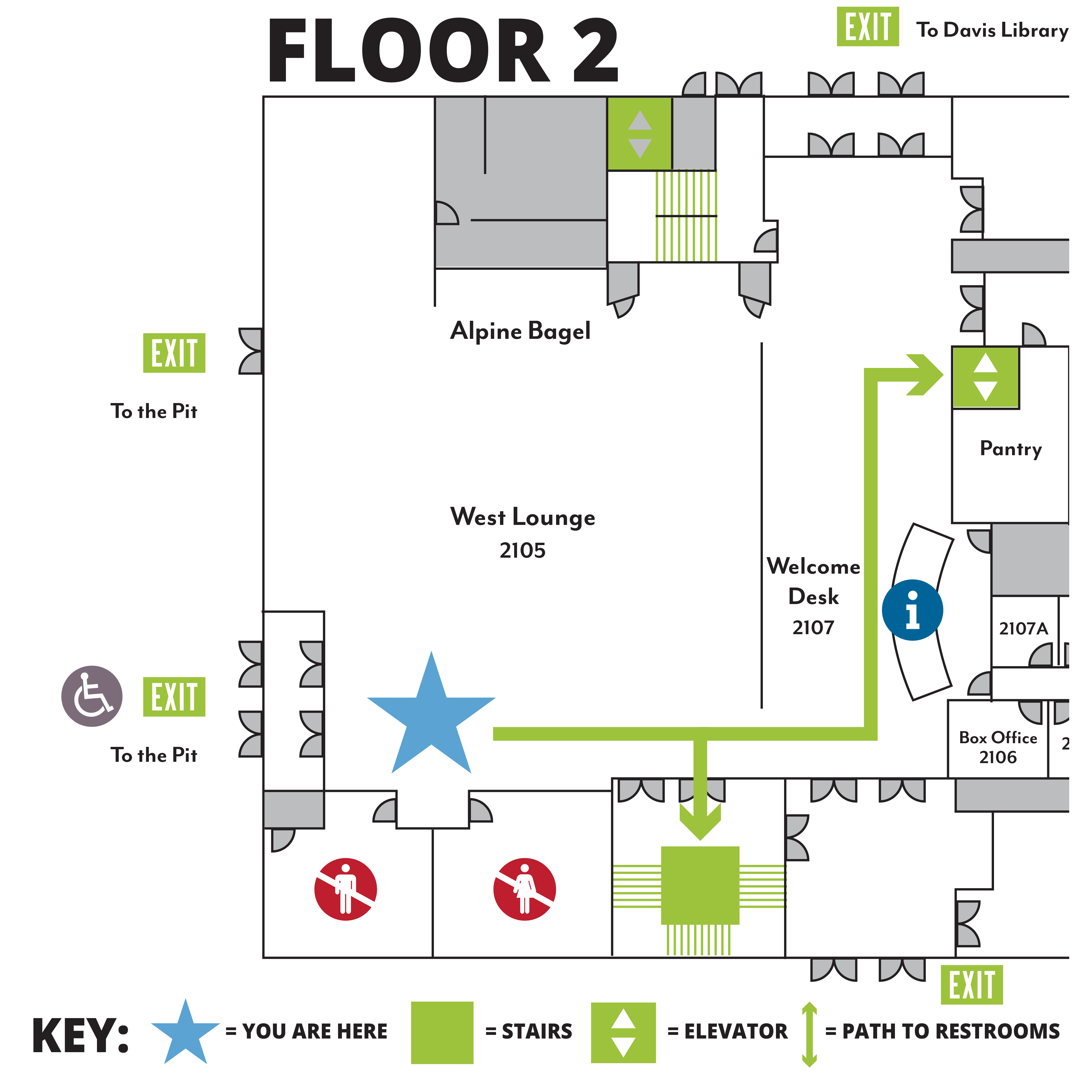 Map of the second floor of the Carolina Union, showing the out of order restrooms and the paths to other floors. Stairs are to the right of the restrooms and the elevator is past the welcome desk.