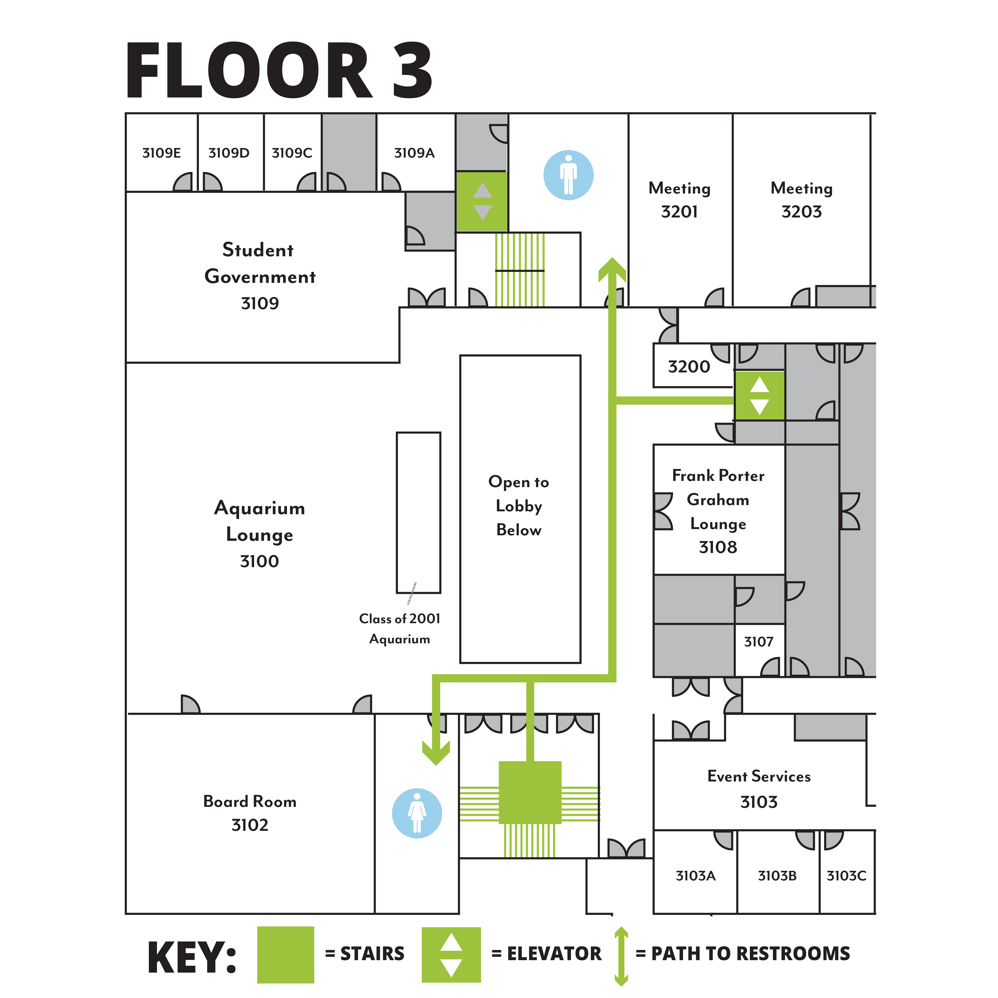 Map of the third floor of the Carolina Union, showing the path to the women's bathroom (left of the stairs and elevator) and the men's bathroom (right from the stairs and  the elevator).