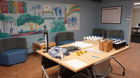 A room with a desk, chairs, and a mural on the wall. On the desk there are bottles, papers, pens, and other objects. There are also sofas and tables in the room.
